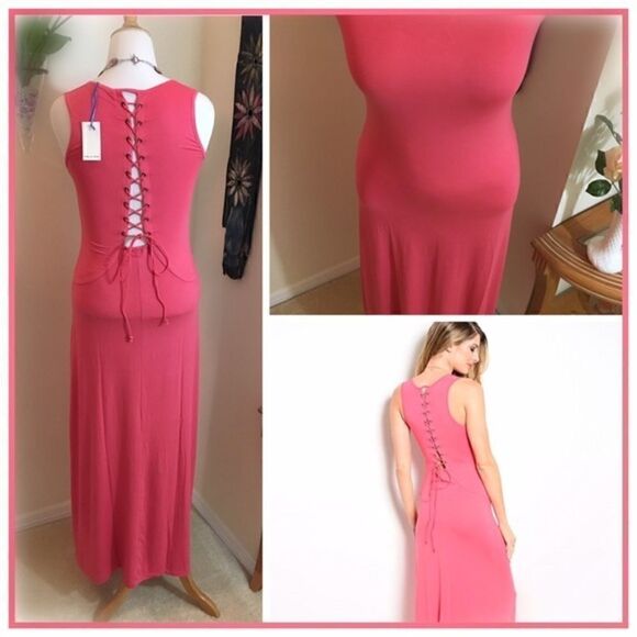 Pink Sleeveless Maxi Dress with Lace Down Corset Back - Picture 3 of 4